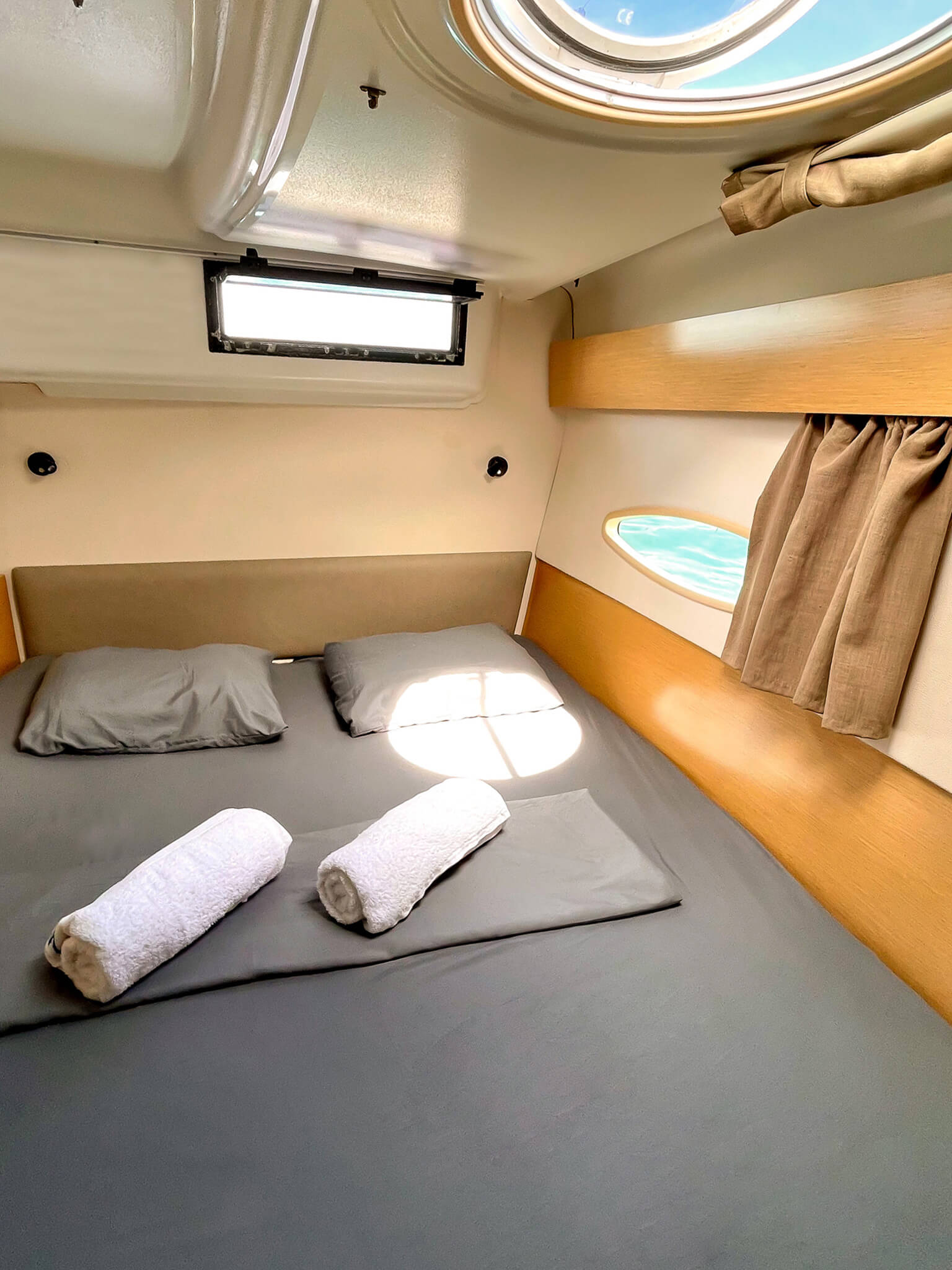 Atila catamaran port stern cabin. San Blas Archipelago, Panama.