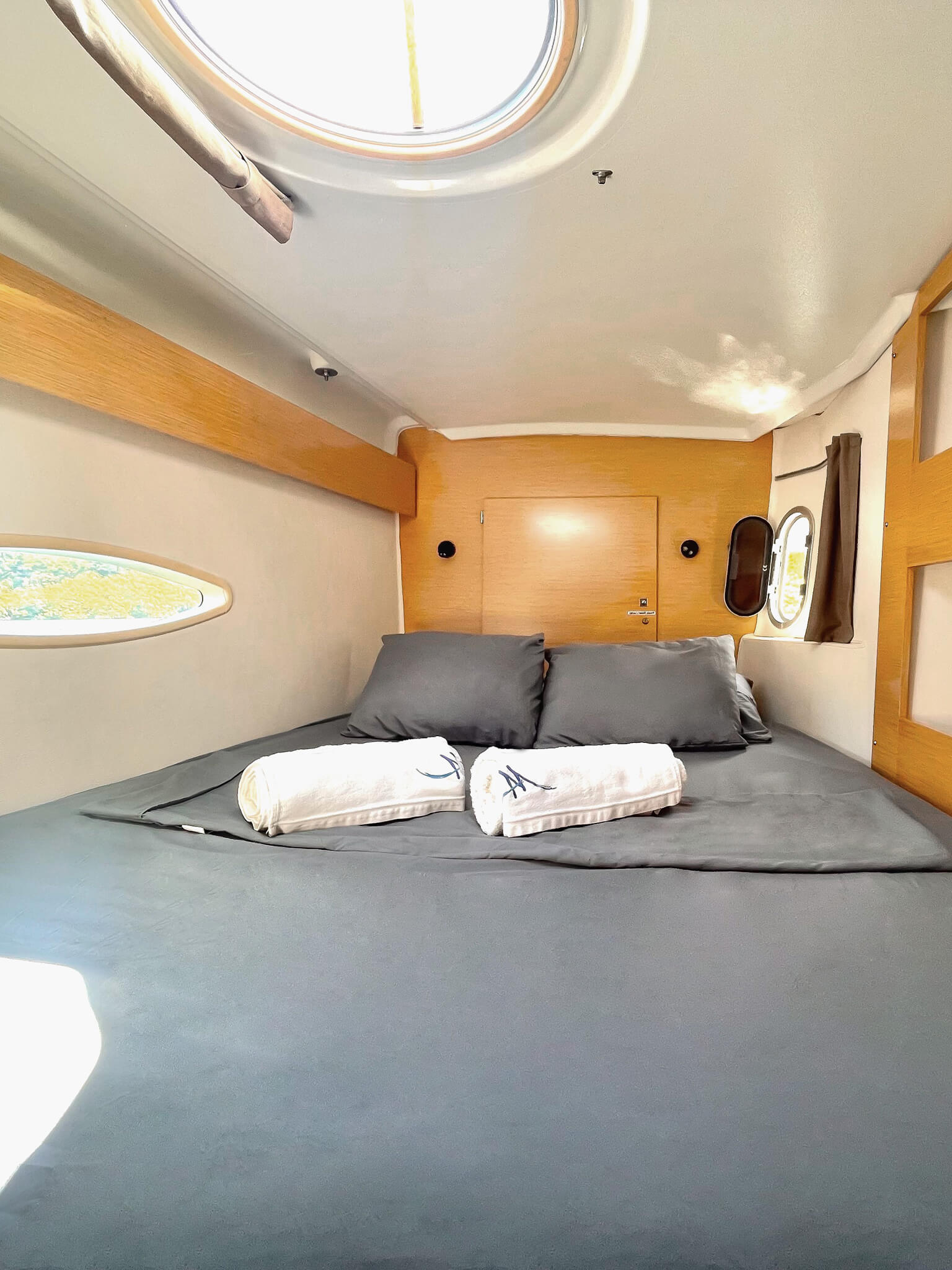 Atila catamaran port bow cabin. San Blas Archipelago, Panama.