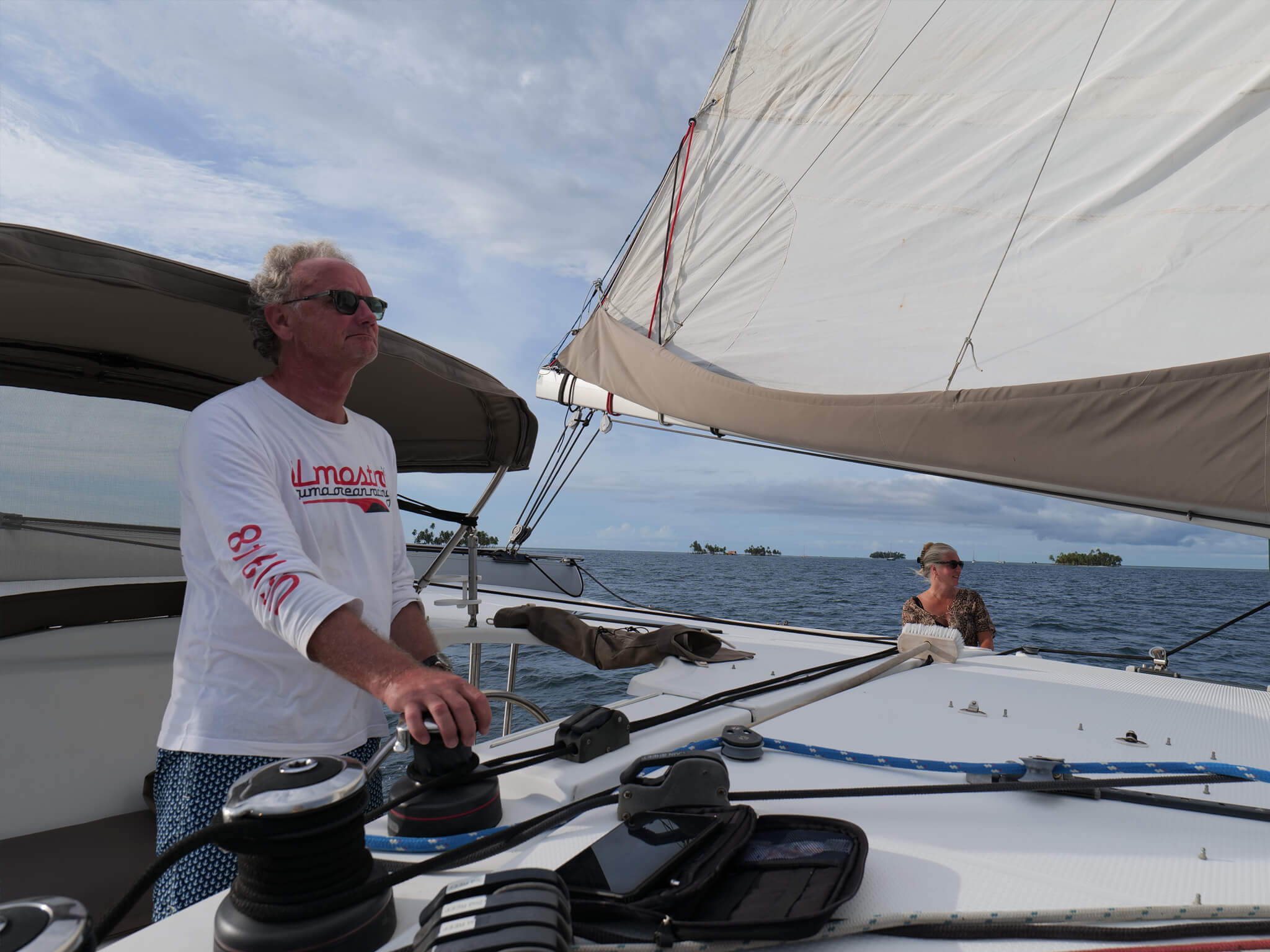 passengers enjoying catamaran atila. San Blas Archipelago, Panama.